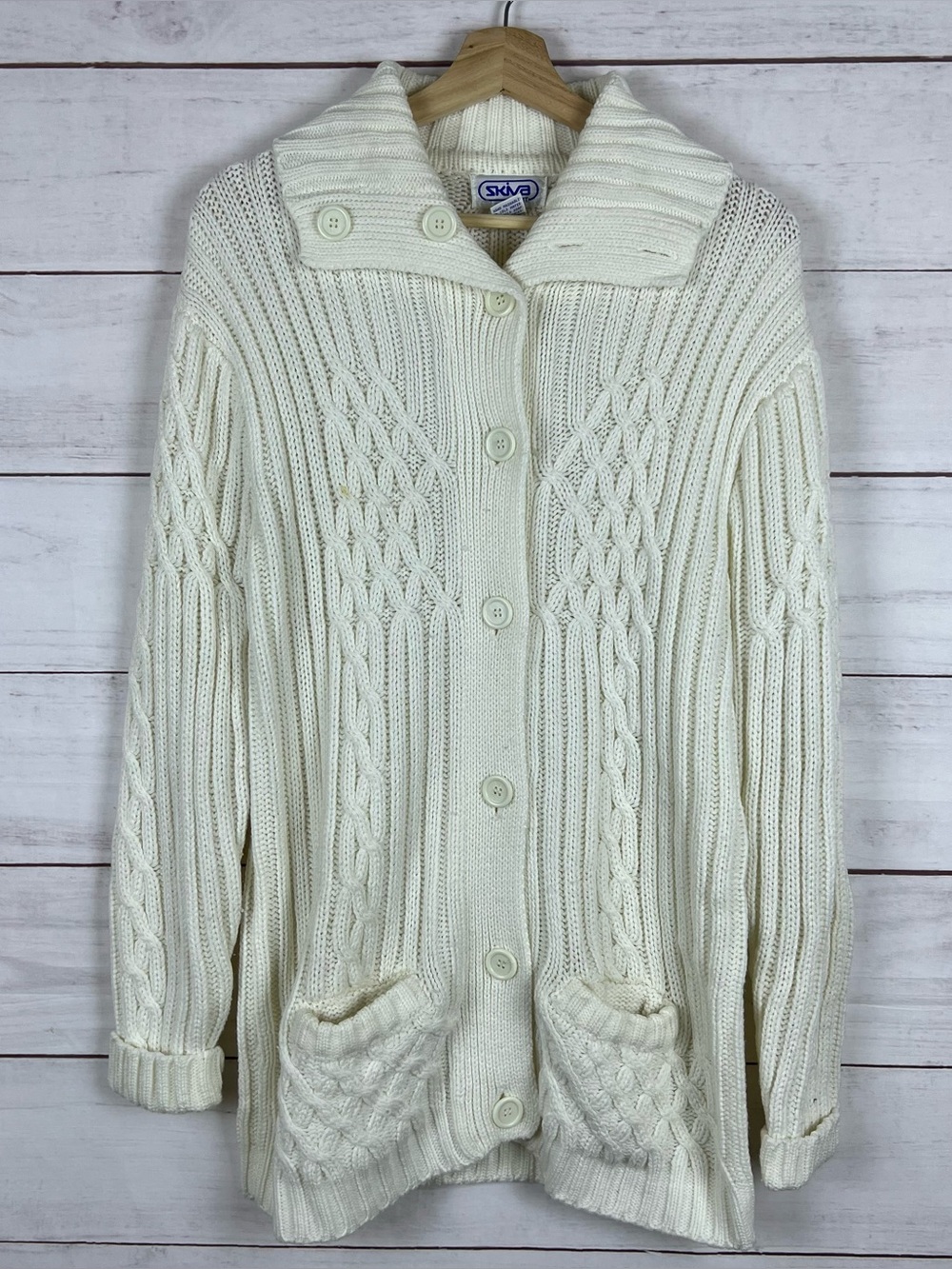 Vintage 70s Skiva Knit White Cardigan Sweater Size Large Womens